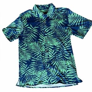 Margaritaville Green/ Blue tropical Leaf print satin button down Shirt Small NEW